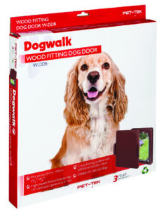 Retail box for the Dogwalk medium dog door in brown, wood fitting