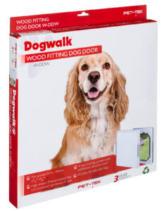 Retail box for the Dogwalk medium dog door in white, wood fitting