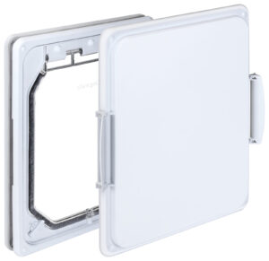 Dogwalk medium dog door in white with its closing cover