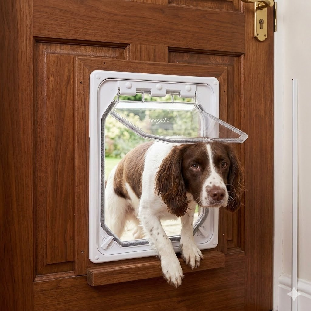Dog coming through a white Dogwalk wood-fitting dog door in a timber door