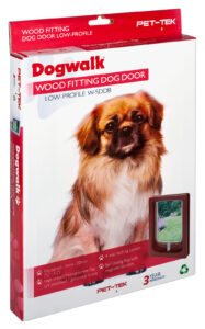 Retail box for the Dogwalk small dog door in brown, wood fitting