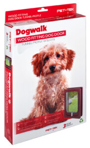 Retail box for the Dogwalk tunnel small dog door in brown, wood fitting