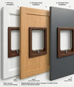 Installation guide for the brown Dogwalk small dog door, showing it fitted to a PVC door, a flat wood panel and a flat metal panel