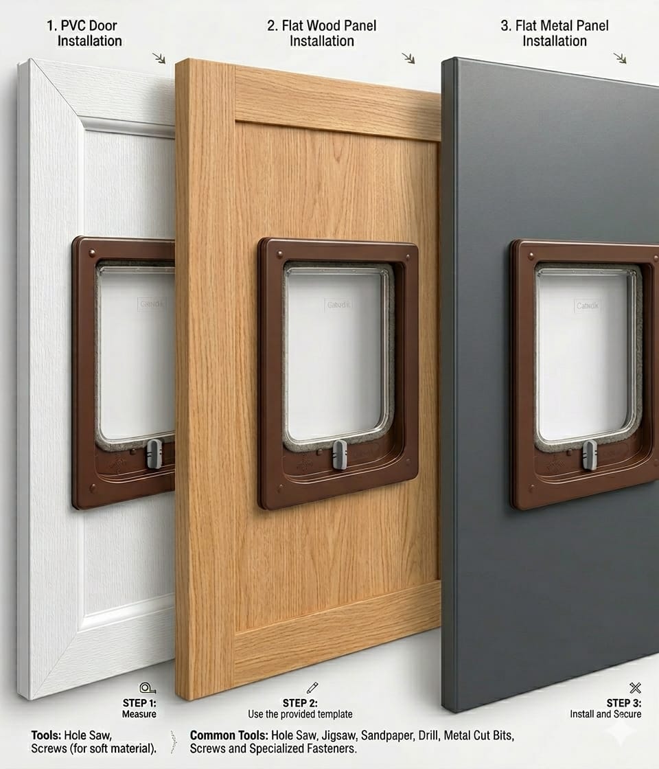 Installation guide for the brown Dogwalk small dog door, showing it fitted to a PVC door, a flat wood panel and a flat metal panel