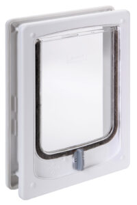 Dogwalk tunnel small dog door in white, with self-adjusting tunnel for doors and walls 11 to 52 mm thick
