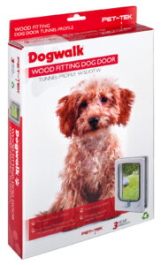 Retail box for the Dogwalk tunnel small dog door in white, wood fitting