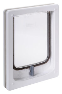 Dogwalk small dog door in white, wood fitting, for timber and PVC doors