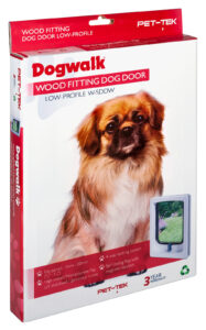 Retail box for the Dogwalk small dog door in white, wood fitting
