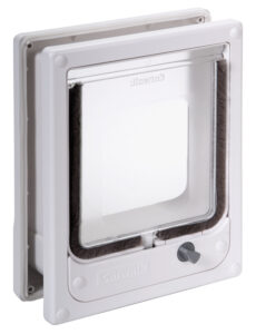Catwalk multi-magnetic cat door in white, wood fitting, with battery-free magnetic selective entry