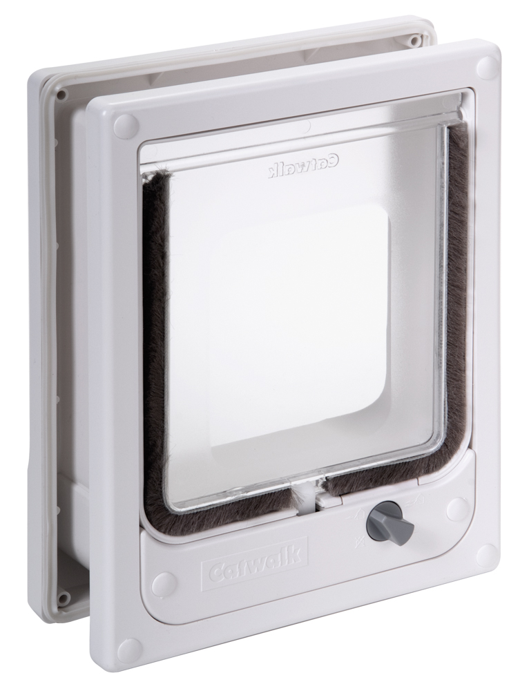 Catwalk multi-magnetic cat door in white, wood fitting, with battery-free magnetic selective entry