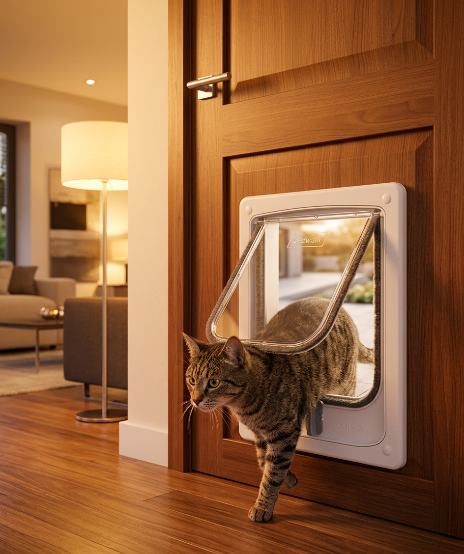 Cat stepping in through a white Catwalk wood-fitting cat door in a timber door