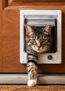 A cat coming through the white Catwalk multi-magnetic cat door fitted in a timber door