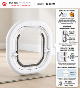 Catwalk Original glass-fitting cat door in white, with panel showing its UV-stabilised polycarbonate build, weatherproof brush seal, magnetic closure and 4-way locking system
