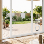 White Catwalk cat door fitted in the glass of a white-framed ranch slider opening onto a deck