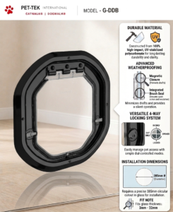 Dogwalk Medium glass-fitting dog door in black, with panel showing its UV-stabilised polycarbonate build, weatherproof brush seal, magnetic closure and 4-way locking system