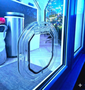 Dogwalk Medium dog door in clear fitted into a double-glazed glass panel