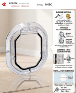Dogwalk Medium glass-fitting dog door in clear, with panel showing its UV-stabilised polycarbonate build, weatherproof brush seal, magnetic closure and 4-way locking system