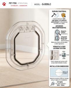 Dogwalk Slim Line glass-fitting dog door in clear, with panel showing its UV-stabilised polycarbonate build, weatherproof brush seal, magnetic closure and 4-way locking system