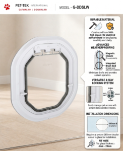 Dogwalk Slim Line glass-fitting dog door in white, with panel showing its UV-stabilised polycarbonate build, weatherproof brush seal, magnetic closure and 4-way locking system