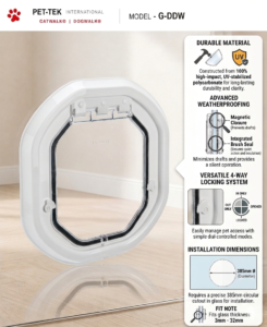Dogwalk Medium glass-fitting dog door in white, with panel showing its UV-stabilised polycarbonate build, weatherproof brush seal, magnetic closure and 4-way locking system