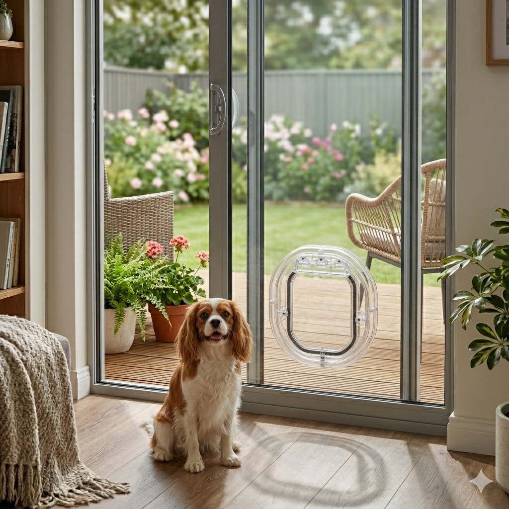Small dog sitting beside a clear Dogwalk Intermediate dog door fitted in a glass sliding door
