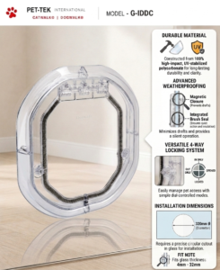 Dogwalk Intermediate glass-fitting dog door in clear, with panel showing its UV-stabilised polycarbonate build, weatherproof brush seal, magnetic closure and 4-way locking system