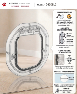 Dogwalk Intermediate Slim Line glass-fitting dog door in clear, with panel showing its UV-stabilised polycarbonate build, weatherproof brush seal, magnetic closure and 4-way locking system