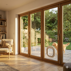 Dogwalk Intermediate Slim Line dog door in white fitted into a timber-framed bi-fold glass door
