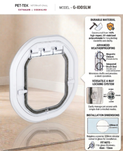 Dogwalk Intermediate Slim Line glass-fitting dog door in white, with panel showing its UV-stabilised polycarbonate build, weatherproof brush seal, magnetic closure and 4-way locking system