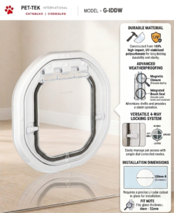 Dogwalk Intermediate glass-fitting dog door in white, with panel showing its UV-stabilised polycarbonate build, weatherproof brush seal, magnetic closure and 4-way locking system