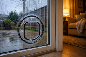 Catwalk Maxi pet door in clear fitted into a glass panel, with a warmly lit room beyond