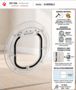 Catwalk Maxi Slim Line glass-fitting pet door in clear, with panel showing its UV-stabilised polycarbonate build, weatherproof brush seal, magnetic closure and 4-way locking system
