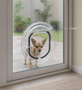 A small dog outside a glass door, looking in through a Catwalk Maxi Slim Line pet door