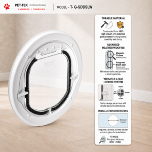 Catwalk Maxi Slim Line glass-fitting pet door in white, with panel showing its UV-stabilised polycarbonate build, weatherproof brush seal, magnetic closure and 4-way locking system