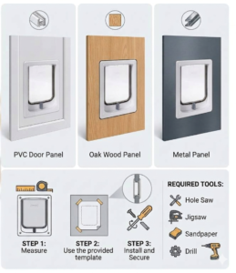 Installation instructions for the Dogwalk small dog door, wood fitting, showing the colour options and fitting steps
