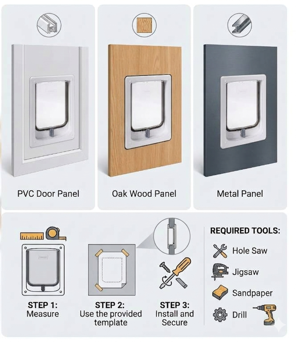 Installation instructions for the Dogwalk small dog door, wood fitting, showing the colour options and fitting steps