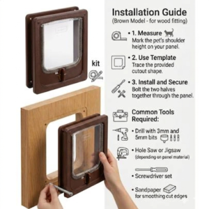 Installation guide for the brown Catwalk tunnel cat door, wood fitting, showing the measure, template and fixing steps