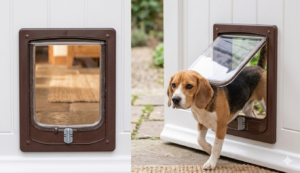 The brown Dogwalk tunnel small dog door fitted in a white door, with a small dog stepping out through the flap