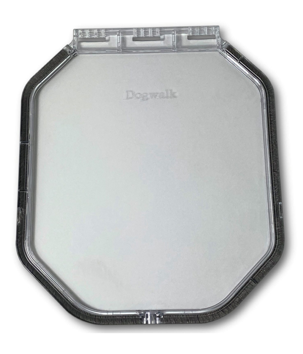 Genuine Dogwalk G-DDRF replacement flap for the Medium glass-fitting dog door, clear polycarbonate on a white background