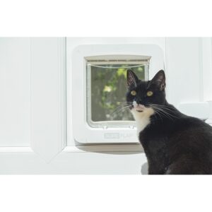 Black and white cat sitting beside a SureFlap Microchip Pet Door Connect