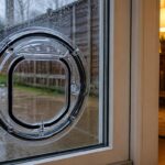 Clear Catwalk Maxi pet door in a glass door on a rainy day, with a warm lamp-lit lounge inside