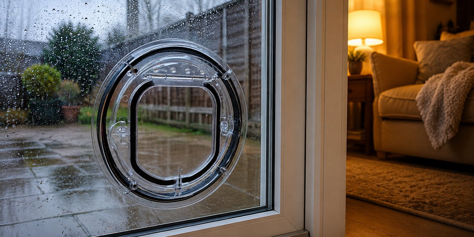 Clear Catwalk Maxi pet door in a glass door on a rainy day, with a warm lamp-lit lounge inside