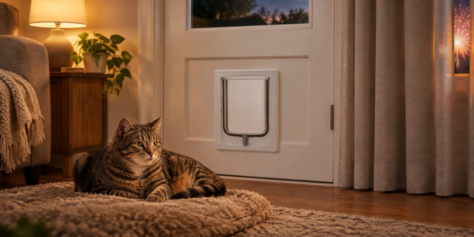 Tabby cat resting calmly indoors on Guy Fawkes night beside a white Catwalk pet door, curtains drawn with fireworks glowing outside