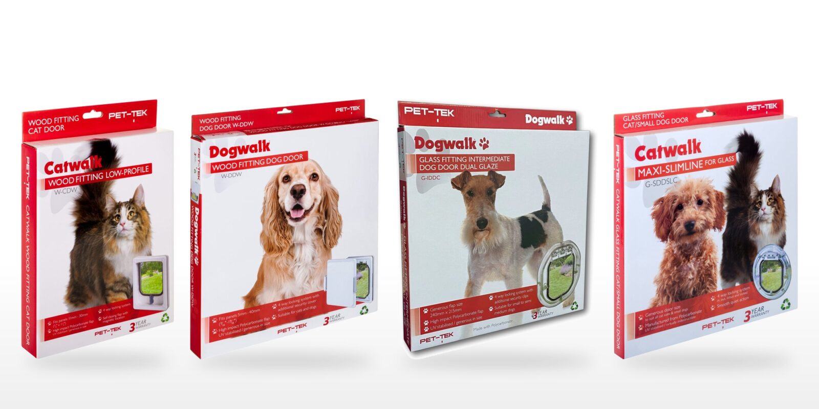 Four Catwalk and Dogwalk pet door retail boxes side by side: wood-fitting cat door, wood-fitting dog door, Intermediate glass-fitting dog door and Maxi Slim Line glass-fitting door