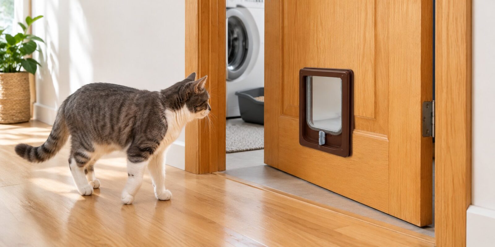 Grey and white cat walking towards a brown Catwalk cat door fitted in a timber internal laundry door