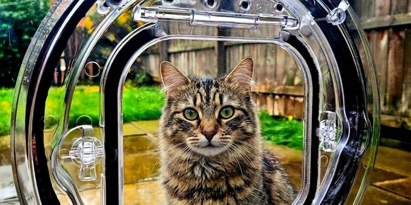 Tabby cat looking in from the garden through the clear flap of a Catwalk glass-fitting cat door