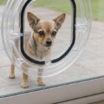 Small dog standing outside a glass door, looking in through the clear flap of a Catwalk Maxi Slim Line pet door
