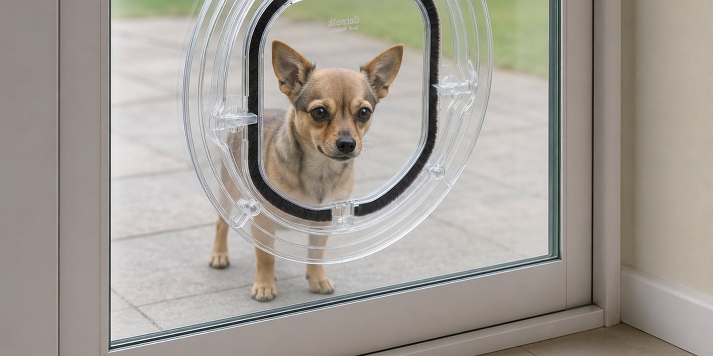 Small dog standing outside a glass door, looking in through the clear flap of a Catwalk Maxi Slim Line pet door