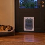 Dog asleep on its bed in the evening beside a white Dogwalk dog door fitted low in a dark back door, well below the handle and lock