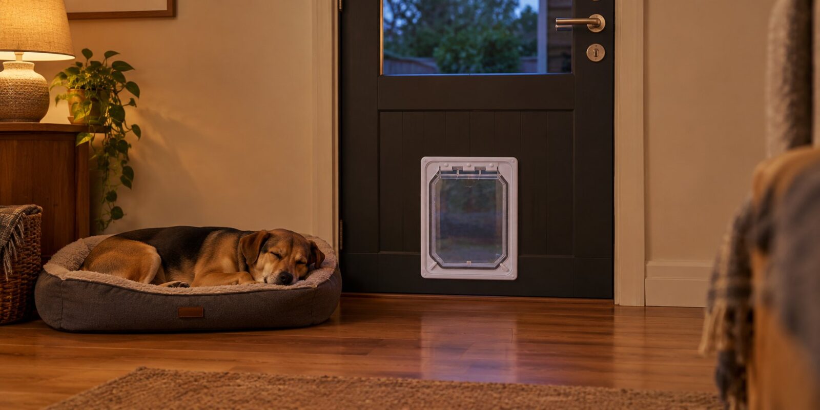 Dog asleep on its bed in the evening beside a white Dogwalk dog door fitted low in a dark back door, well below the handle and lock
